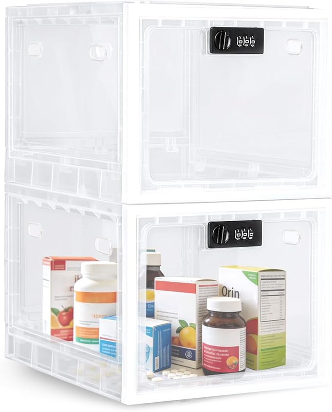 Large Medicine Lock Box, 2 Pack Clear Medication Lock Box for Refrigerator, Lockable Storage with Code for Snacks, Phone, Tablet, Office, School, Home, Childproof First Aid Cabinet
