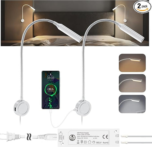 VST Books Lights for Headboard, Bedside Wall Mounted Reading Lamp, Reading Light Touch to Adjust Color Temp (3000K/4000K/6000K) and Brightness, USB/Type-C Charging Ports, 20W Driver, ETL-Listed