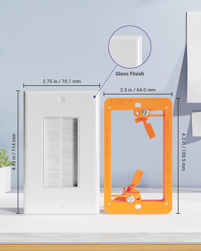VCE Brush Wall Plate Cable Pass Through with Bracket, Decorator Cover for Low Voltage Cables - White, 2-Pack (2, Orange)