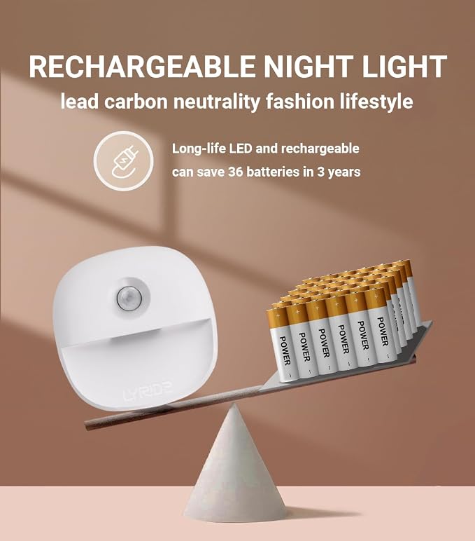Lyridz Rechargeable Night Light, Motion Sensor Battery Nightlights, Mini Stick-on LED Closet Light, 1-20LM Dimmable Brightness for Bedroom, Kitchen, Washroom, Stairs, Hallway, 3-Pack