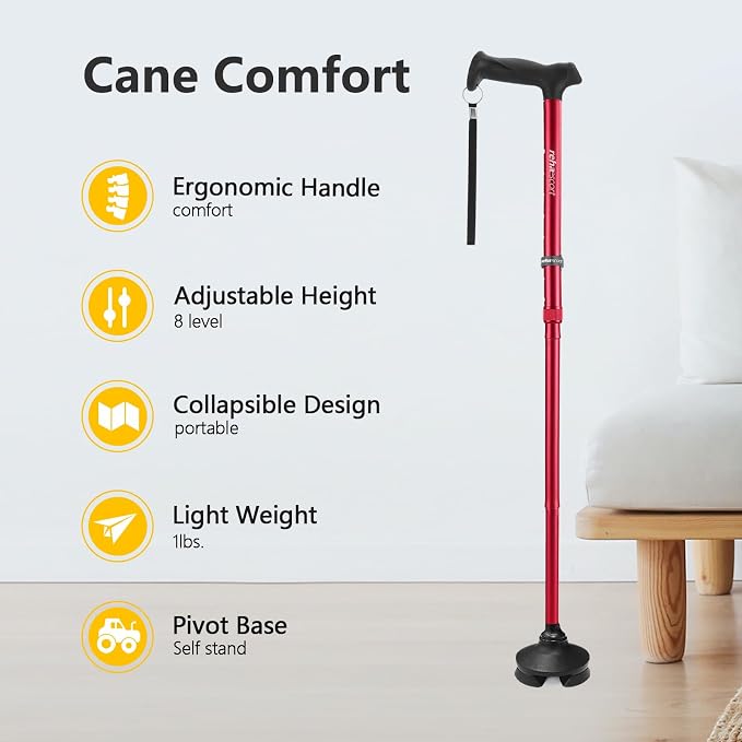 Rehaescort Walking Cane for Men & Women - Folding, Adjustable, Lightweight, Walking Canes for Seniors Balance, Free Standing, Pivot Tip, Soft Handle, Foldable Walking Sticks with Travel Bag