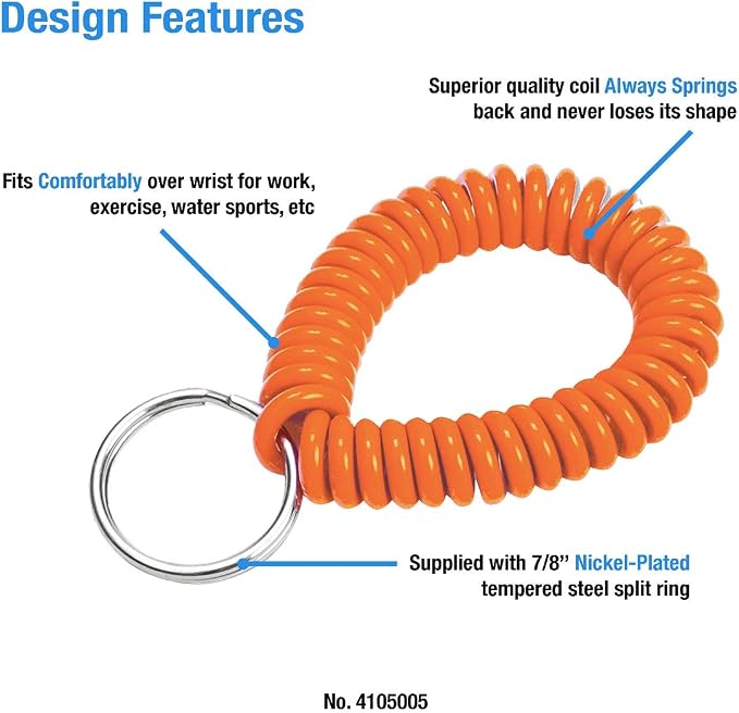 Lucky Line 2” Spiral Wrist Coil with Steel Key Ring, Flexible Wrist Band Key Chain Bracelet, Stretches To 12”, Orange, 5 Pack (4105005)