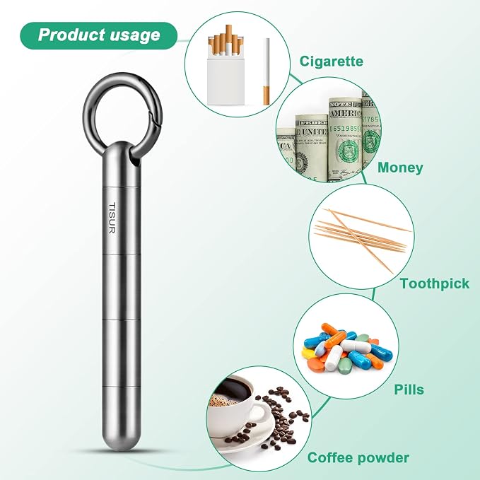 TISUR Large Keychain Pill Holder, Titanium Pill Case Waterproof Pill Fob for Travel Purse Pocket,Pill Organize | Waterproof Pill Fob,Portable Pill Box Container,Purse Pill Organizer Tube