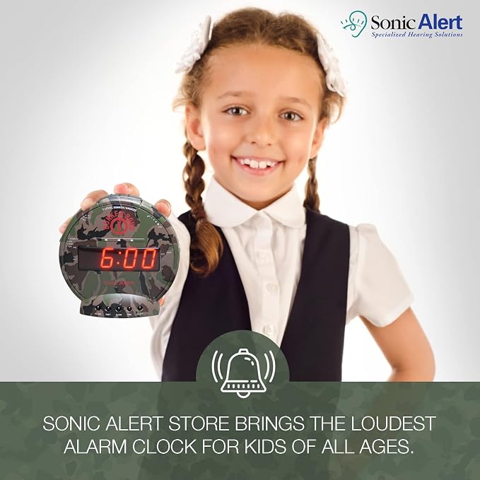 Sonic Bomb Dual Alarm Clock with Bed Shaker, Camouflage | Sonic Alert Vibrating Alarm Clock Heavy Sleepers, Battery Backup | Wake with a Shake
