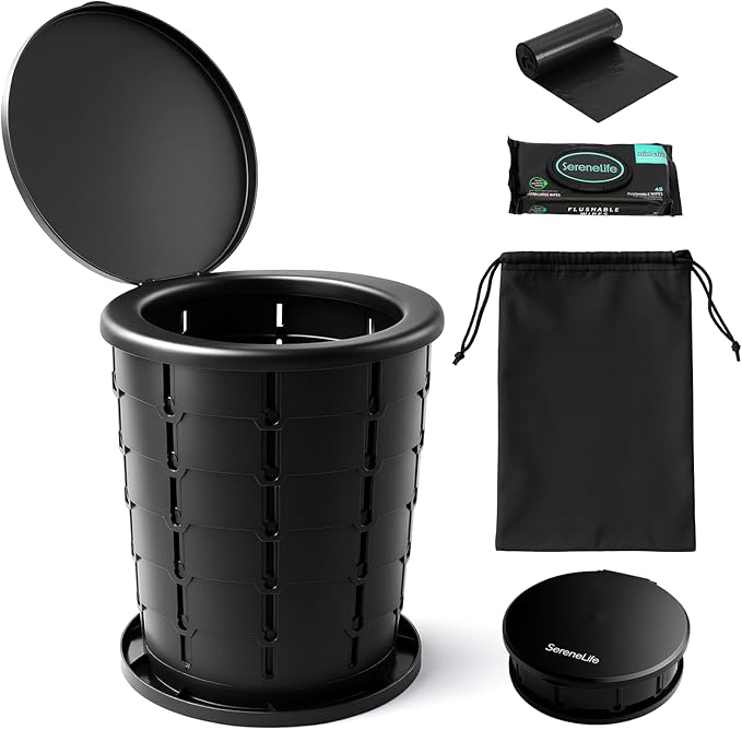 SereneLife Foldable Toilet Seat for Camping, Adjustable Height Portable Travel Potty with Lid, Carry Bag, Non-Slip Base, 331 lbs Capacity + 3-Pack Flushable Wipes, for Car, Hiking, Outdoor Use, Black