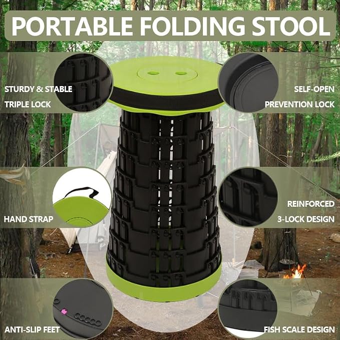 JAEMEYEM Collapsible Stool Chair, Upgraded Folding Stool for Adults Lightweight, Sturdy, Adjustable, Portable, Foldable Seat Sturdy Stools for Outdoor Camping Fishing Hiking Gardening BBQ