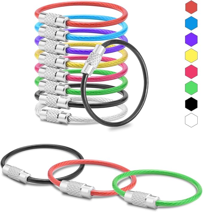 CooBigo 16 Pack Cable Key Ring 4 Inch Luggage Tag Loops Wire Key Chain Cable 2mm Key rings for Car Keys Wire Keychain Dog Tag Ring - Assorted Color