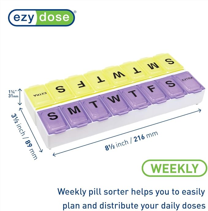 EZY DOSE Weekly (14-Day) Daily Pill Case, Medicine Planner, Vitamin Organizer, Supplement Container, 2 Detachable Weeks + Extra, Large Snap Compartments, Easy Open, Color May Vary, BPA Free