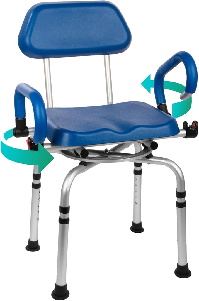 360° PU Padded Swivel Shower Chair-Bath Tub Transfer Bench, 20-25in Adjustable Height, Drop Arms & Anti-Rust Aluminum Shower Chair for Elderly and Disabled, Safety Bench for Bathtubs & Showers