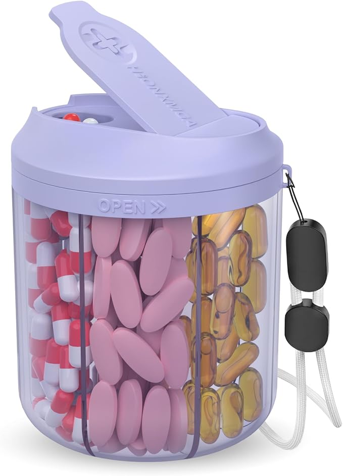 Pill Organizer with 7 Large Compartments, Pill Dispenser 4.4" H x 3.6" Dia for Travel, Supplement Organizer with Anti-Mixing Design, BPA-Free Pill Container with 20 Pcs Labels, Purple