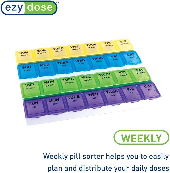 Ezy Dose Weekly 7-Day, 4x/Day Pill Organizer, Rounded Base, Large | Multi-Color Daily Pill Case, Medicine Planner, Vitamin Organizer, Supplement and Fish Oil Container, BPA Free