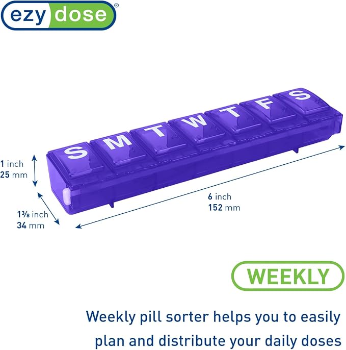 EZY DOSE Weekly (7-Day) Daily Pill Container, Medicine Planner, Vitamin Organizer, Large Locking Compartments Secure Prescription Medication and Prevent Accidental Spilling, Purple, BPA Free