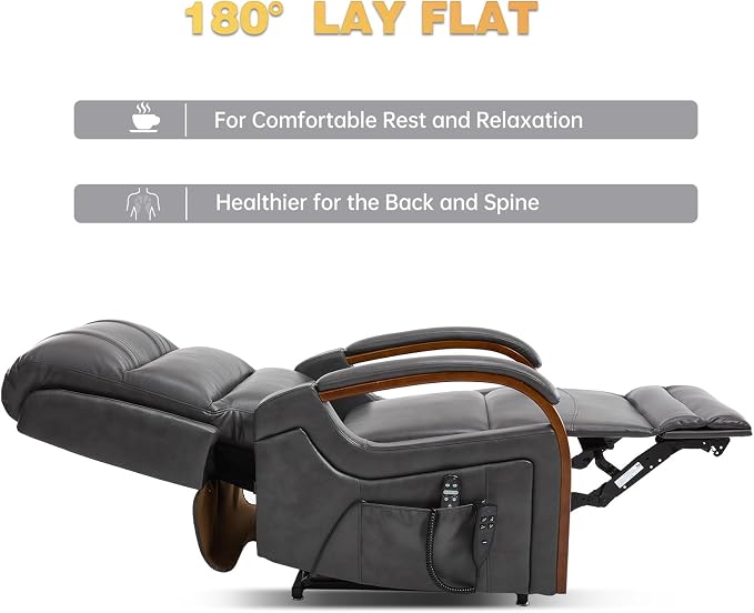 Trustyue Power Lift Recliner Chair, 180° Lay Flat Recliner, Lift Chair with Massage and Heat, Standing Assistance, Infinite Position Reclining, Living Room Chair for Elderly People (Faux Leather Grey)
