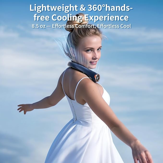 Portable Neck Fan with 6000mAh USB - Rechargeable Battery, Ultra-Light Bladeless Neck Fan LED Display, 360° Cooling Wearable Fan, 3 Speeds,Fireplace Fans -Blue
