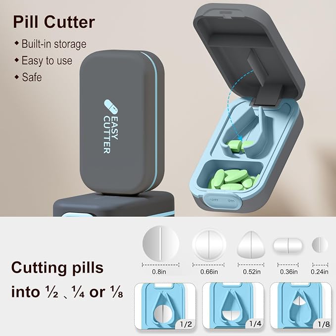 Pill Cutter | Pill Splitter for Small or Large Pills | Design in The USA| Cuts Vitamins |- Adjustable Splitter+ V-Shape Holder & Detachable Pad, Easy to Clean, Safe for Seniors, Kids, Pets-gray