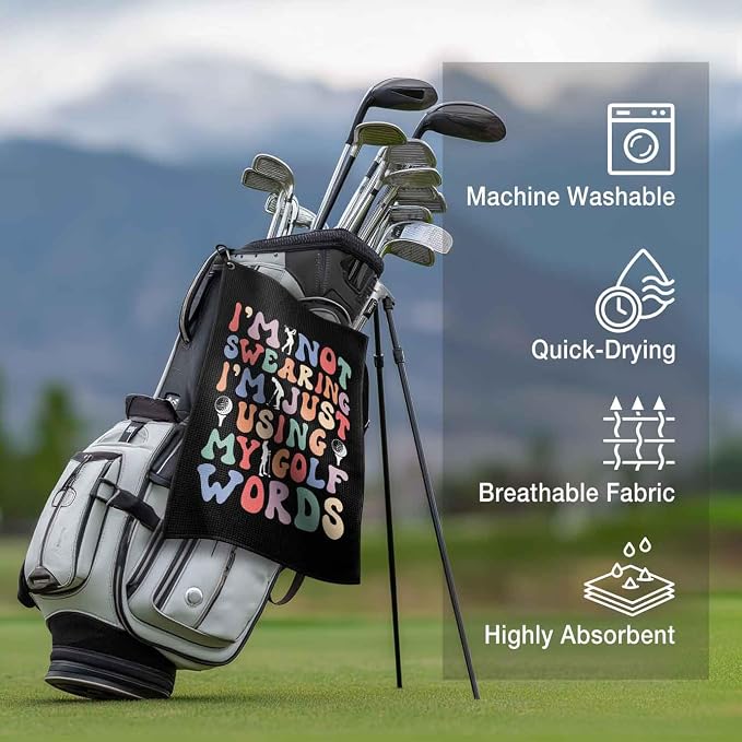 Ladies Golf Towel with Clip,Funny Golf Bag Accessories for Women,Using My Golf Words 16"x24"inch Microfiber Golf Towel,Golf Gifts for Mom Grandma Dad, Birthday Christmas Retirement Golfer Gifts Black