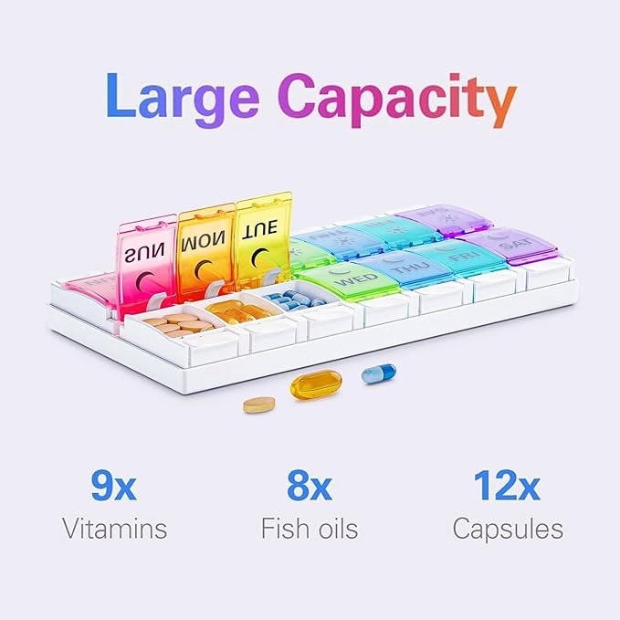 BUG HULL Weekly Pill Organizer 2 Times a Day Arthritis Friendly, AM PM Pill Organizer 7 Day with Easy Push Design, Daily Pill Organizer for Medicine, Pill Box 7 Day for Vitamin, Supplements