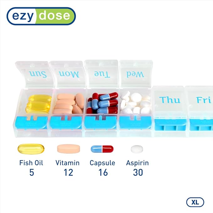 EZY DOSE Weekly (7-Day) AM/PM Daily Pill Organizer, Vitamin Case, and Medicine Container, X-Large Compartments, Arthritis Friendly, Convenient with Effortless Portability, Clear/Blue Lids, BPA Free