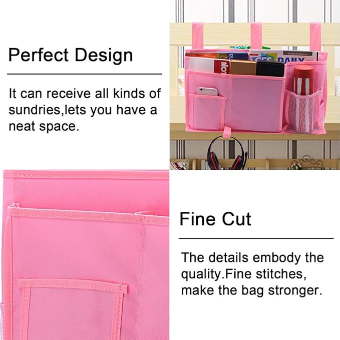 Bunk Bed Organizer - Bedside Storage Caddy with Pocket, Hanging Organizer for Camp, Dorm, Room, Hospital Bed Rail and More (Pink)