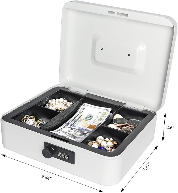 Jssmst Cash Box with Combination Lock - Durable Metal Cash Box with Money Tray, Large, White