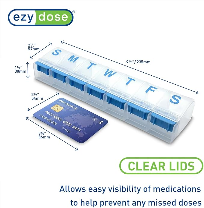 EZY DOSE Pill Organizer Weekly (7-Day), Medicine Planner, Vitamin Case/Box, 2X-Large Push-Button Compartments, Easy to Use, Travel-Friendly, Blue, BPA Free
