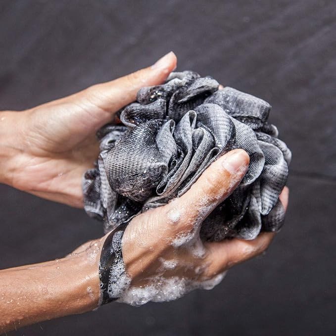 Toem® Loofah Back Scrubber for Shower | Bamboo Charcoal | Long Handle | Luffa & loofa for men & women | Bath sponge | Kit: long-handled scrubber + pouf + hook | Body wash scrub stick | Slate Grey