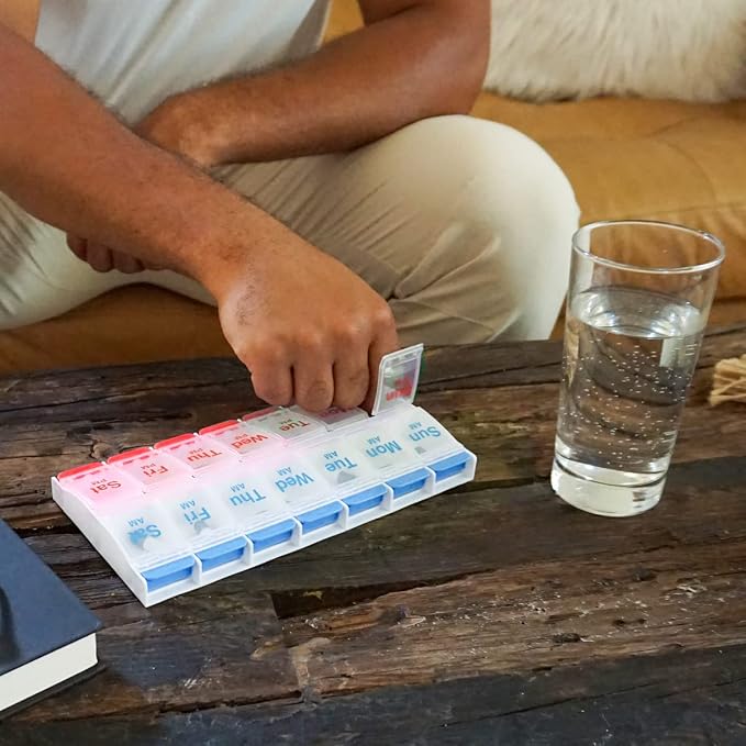 EZY DOSE Push Button (7-Day) Pill Case, Medicine Planner, Daily Vitamin Organizer, 2 Times a Day AM/PM, Large Compartments, Arthritis Friendly, Easy to Use, Clear Lids, Red/Blue, BPA Free (Pack of 2)