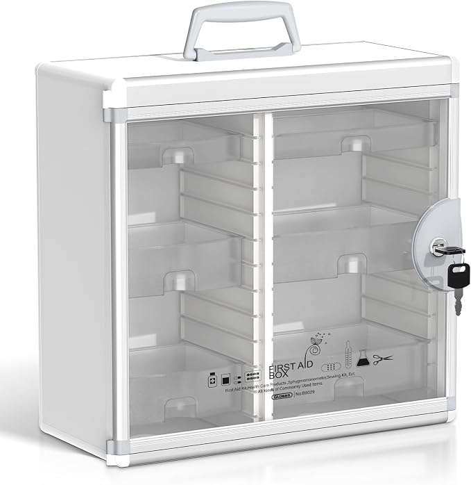 Glosen Lockable Medicine Cabinet with 6 Removable Trays, Wall Mounted & Portable Locking Medicine Cabinet Organizer with Key Lock for Home, Bathroom, Office - Aluminum Frame(15.63 * 6.5 * 15.43Inch)