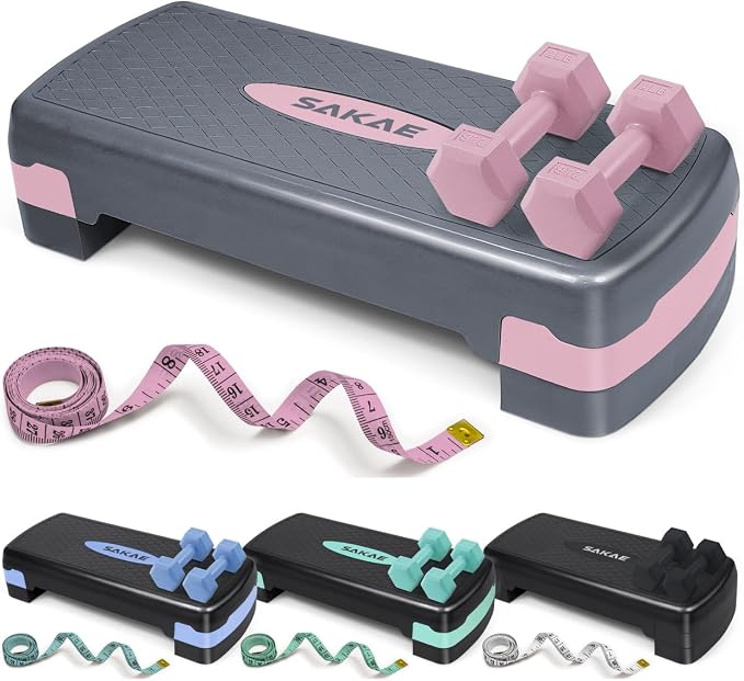 Aerobic Stepper Set with Dumbbells & Measuring Tape, Adjustable Height 2 Level Risers Workout Exercise Step Platform, 4 Colors, the Ultimate Gift for a Joyful Holiday and Merry Christmas