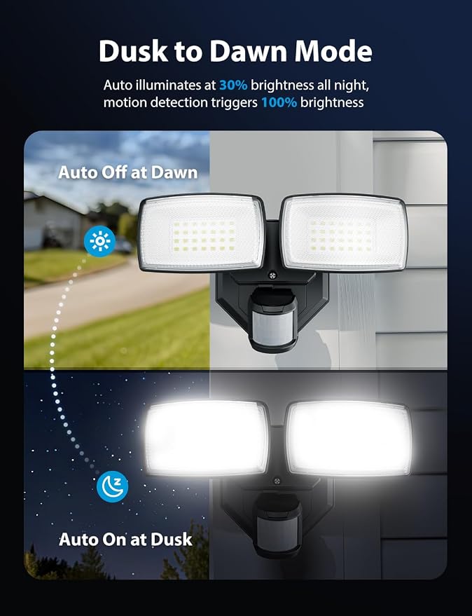 Onforu 32W 2 Head Motion Sensor Outdoor Lights, 3200LM 6500K Hardwired LED Security Light, Dusk to Dawn, Motion Detector Light for Outside, 2 Pack IP65 Waterproof Flood Lights for Garage, Yard(Black)
