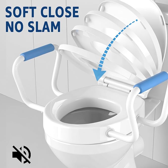 Raised Toilet Seat with Armrest, Round 16.5inch | Height 2.91inch, Soft Close, Quick-Release, Triple Anti-Slip Pad, Urine Splash Guard, Safe and Durable