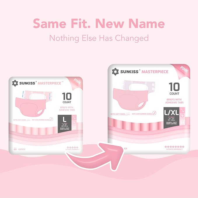 SUNKISS Masterpiece Adult Diapers with Tabs, Unisex Disposable Incontinence Briefs for Women and Men, Odor Control, Pink, Large/XLarge, Previously Large,10 Count (Pack of 2)