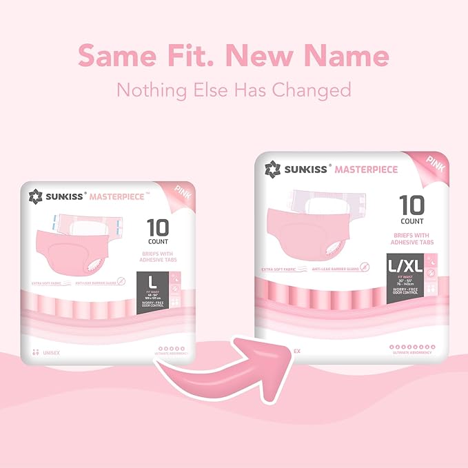 SUNKISS Masterpiece Adult Diapers with Tabs, Unisex Disposable Incontinence Briefs for Women and Men, Odor Control, Pink, Large/XLarge, Previously Large,10 Count