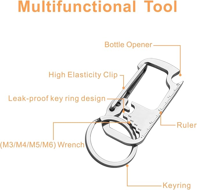 Carabiner Keychain with Bottle Opener for Men, Stainless Steel Carabiner Clip for Car Keys Holder, Mini Multitool Key Chain Clip for Belt Hook, Heavy Duty Key Ring Clip