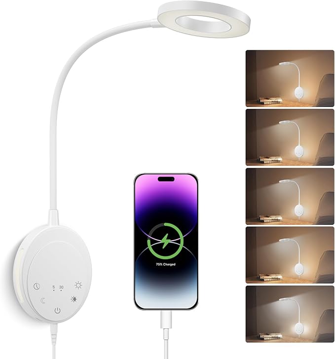Wall Mounted Reading Light,Bedside Headboard Lights with 5 Color Temperature &5 Dimming,360°Flexible Gooseneck,USB Output, Night Light&Timer Function- Perfect for Reading (White)