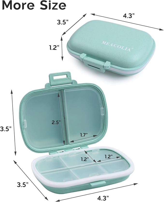 8 Compartments Travel Pill Organizer, Daily Pill Case Small Pill Box for Pocket Purse, Portable Pill Container Medicine Vitamin Organizer (Green)