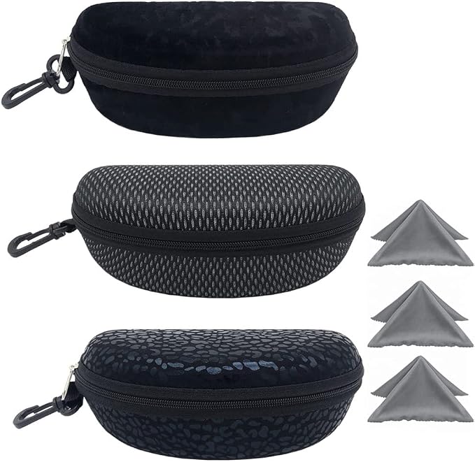 ZONLY 3 Pack Sunglasses Case Portable Travel Zipper Eyeglasses Case Hook With Cleaning Cloth
