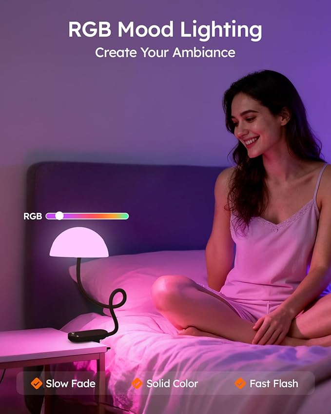 Cordless Clip On Lamp, Touch Control Desk Lamp with RGB Ambient Mode & 3000K–6000K, Rechargeable Dimmable Book Reading Light with Flexible Arm Sturdy Clamp On Table Bedside Headboard, Battery Operated
