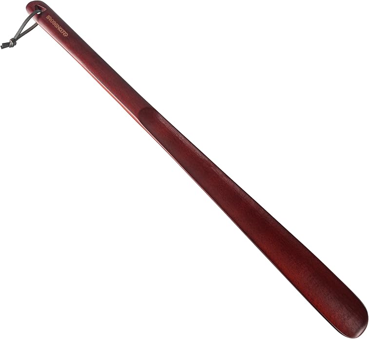 Brosisincorp Wooden Shoe Horn Long Handle for Seniors Helper | Solid Black Walnut Wood, Smooth Finish, Leather Hanging Loop Wall Mount, Reduce Bending Over, for Pregnant Women Back Pain