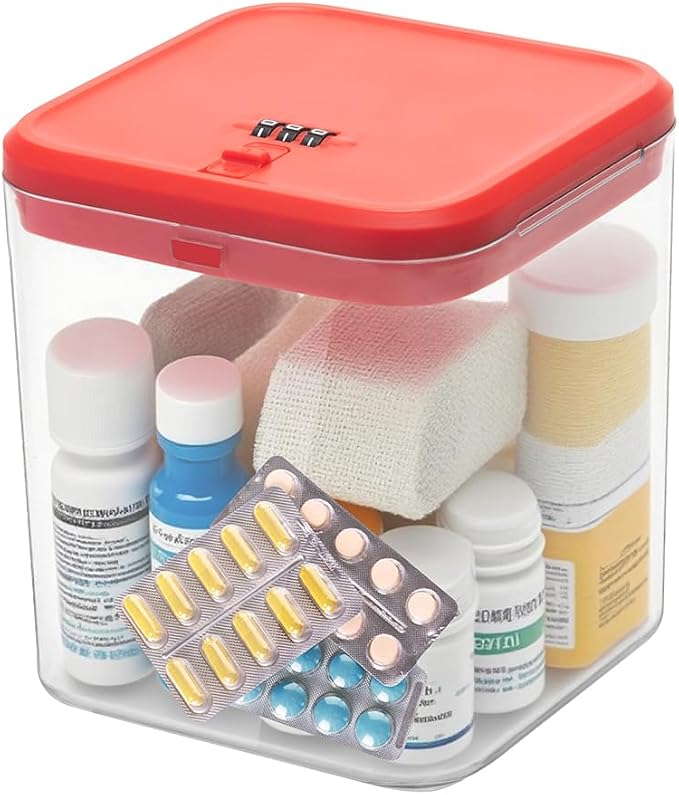 Clear Lockable Storage Box with Combination Lock - Heavy Duty Medicine,Food,Snack & Electronics Organizer Jar,Childproof Phone Jail,Gaming Device Lockbox Container Tank,Self Control Prize Bin (Red)