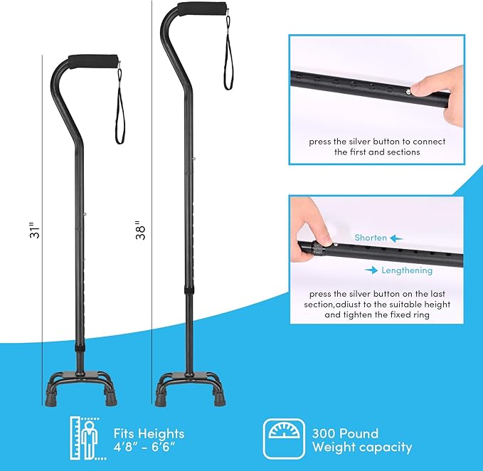 Adjustable Walking Cane for Women ＆ Men with 4-Pronged Base for Extra Stability, Foam Padded Offset Handle for Soft Grip, Foldable Cane for Seniors for Stability with 3 Different Cane Tips