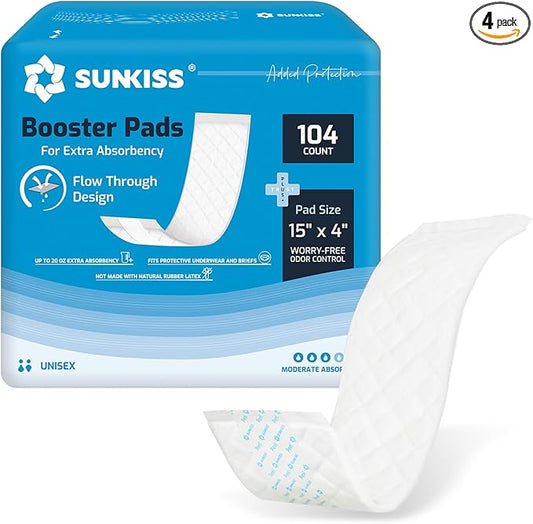 SUNKISS Trustplus Booster Pads 15" x 4", Extra Absorbency for Adult Incontinence Diapers/Underwears, Odor Control, 104 Count (4 Packs of 26)