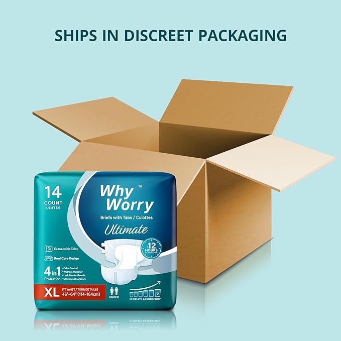 WhyWorry Ultimate Adult Diapers for Men and Women, Disposable Adult Briefs with Tabs for Incontinence, Unisex Incontinence Briefs with Tabs, Ultimate Absorbency, Odor Control, XLarge, 14 Count