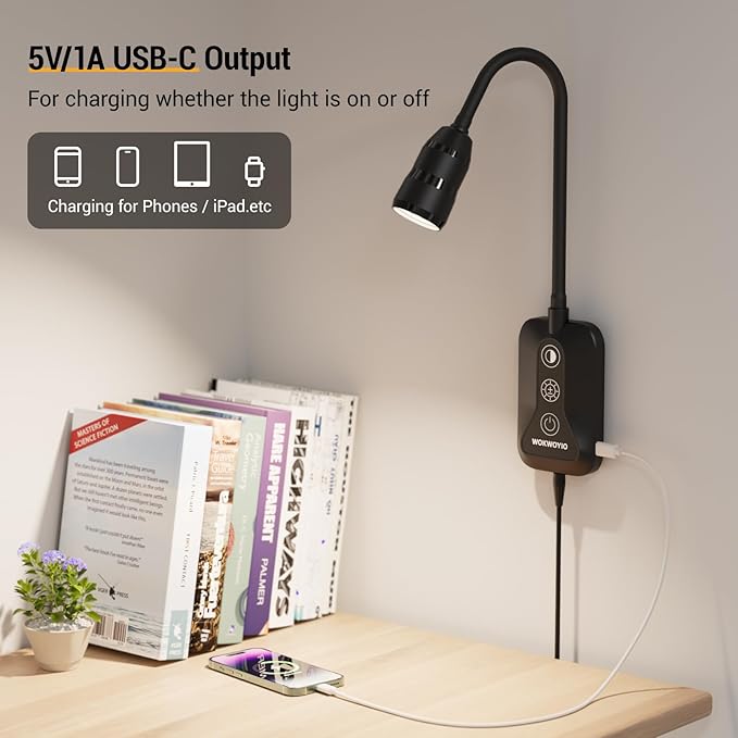 Wall Mounted Reading Light with Hand Sweep Sensor Switch, Book Light for Reading with USB Output, 5 Color & Brightness Dimmable Wall Lights for Bedroom, Wall Lamp with Flexible Neck-Black 1 Pack