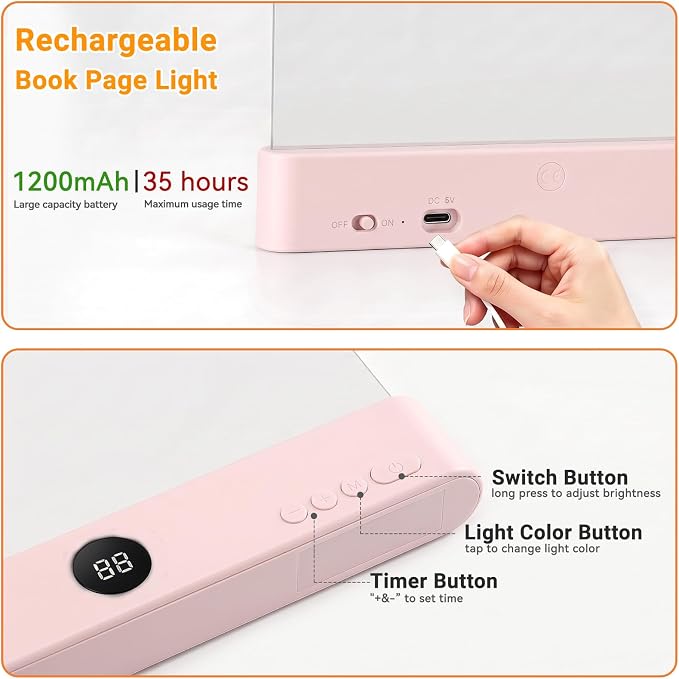Amber Book Light, Rechargeable Clear LED Flat Reading Light with 3 Colors & Timer, Dimmable Panel Plate Lamp Book Full Page Light for Reading in Bed at Night, Funny Gifts for Readers Book Lovers