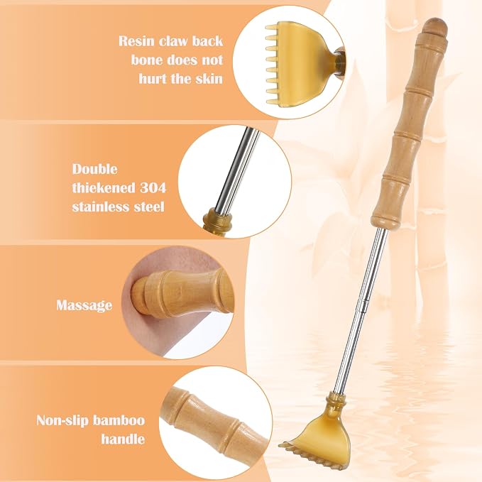 JJUNW Extendable Bamboo Backscratcher, Wooden Back Extendable Backscratcher | Classic Portable Stainless steel Bamboo Back for Men Women Body Scratcher for Adults
