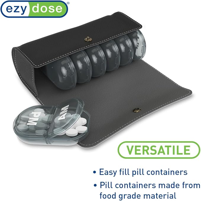 EZY DOSE Weekly (7-Day) AM/PM Pill Case, Medicine Planner, Vitamin Organizer, Pop-Out Compartments, 2 Times a Day, Black Lids, Includes Black Case, BPA Free