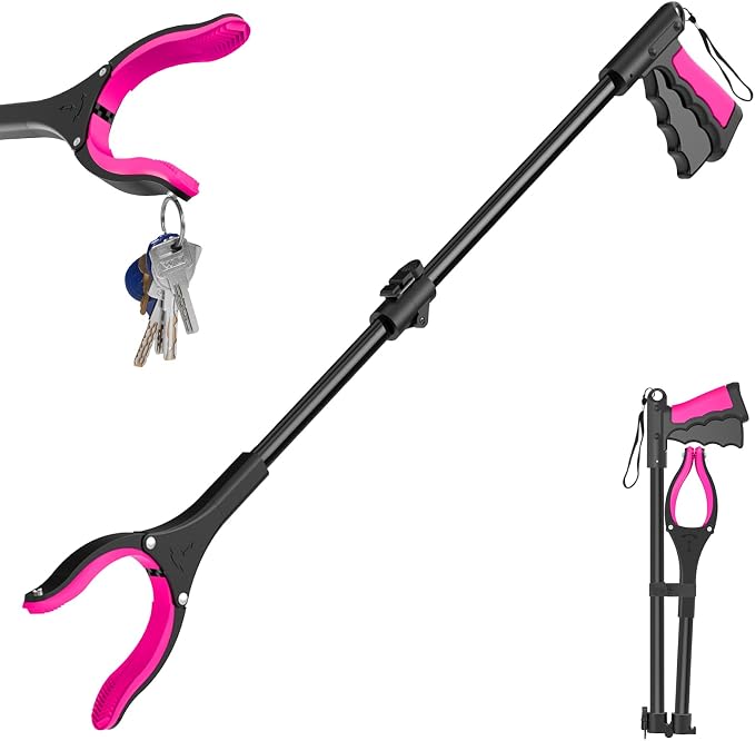 32" Foldable Grabber Reacher Pickup Tool for Seniors, Pink | 360° Rotating Jaw, Magnetic Tip, Long Hand Grip Pickup Tool, Silicone Non-Slip Claws, Indoor & Outdoor