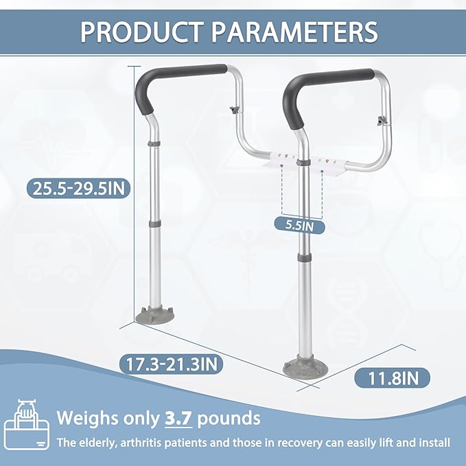 Toilet Safety Rail for Seniors, Toilet Grab Bars for Seniors and Disabled, Toilet Handles for Elderly with Adjustable Width and Height, 350 lb Weight Capacity | Fits standard and elongated toilets; non-slip foam grips and tool-free setup using existing...