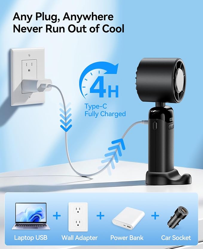 KIMMOO Handheld Portable Turbo Fan with Ice Cooler, Powerful 21000 RPM, Speed (1-199), Up to 14Hrs Cooling, Rechargeable Personal Fan, Small Pocket Hand Fans for Travel/Outdoor/Home/Office (Black)